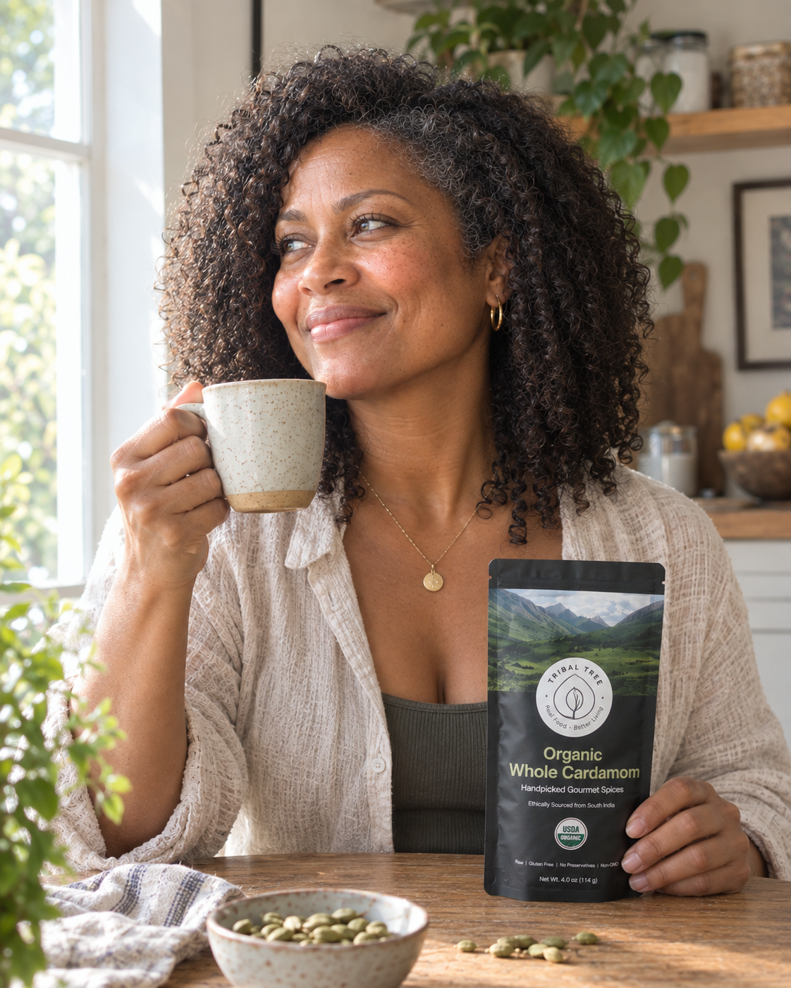 A woman enjoying homemade cardamom chai while holding a Tribal Trail Whole Cardamom pouch